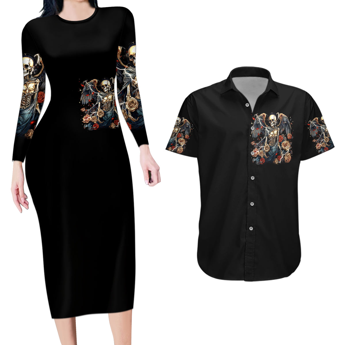 Angel Skull Couples Matching Long Sleeve Bodycon Dress and Hawaiian Shirt Sometimes An Angel Sometimes A Hellraiser - Wonder Print Shop