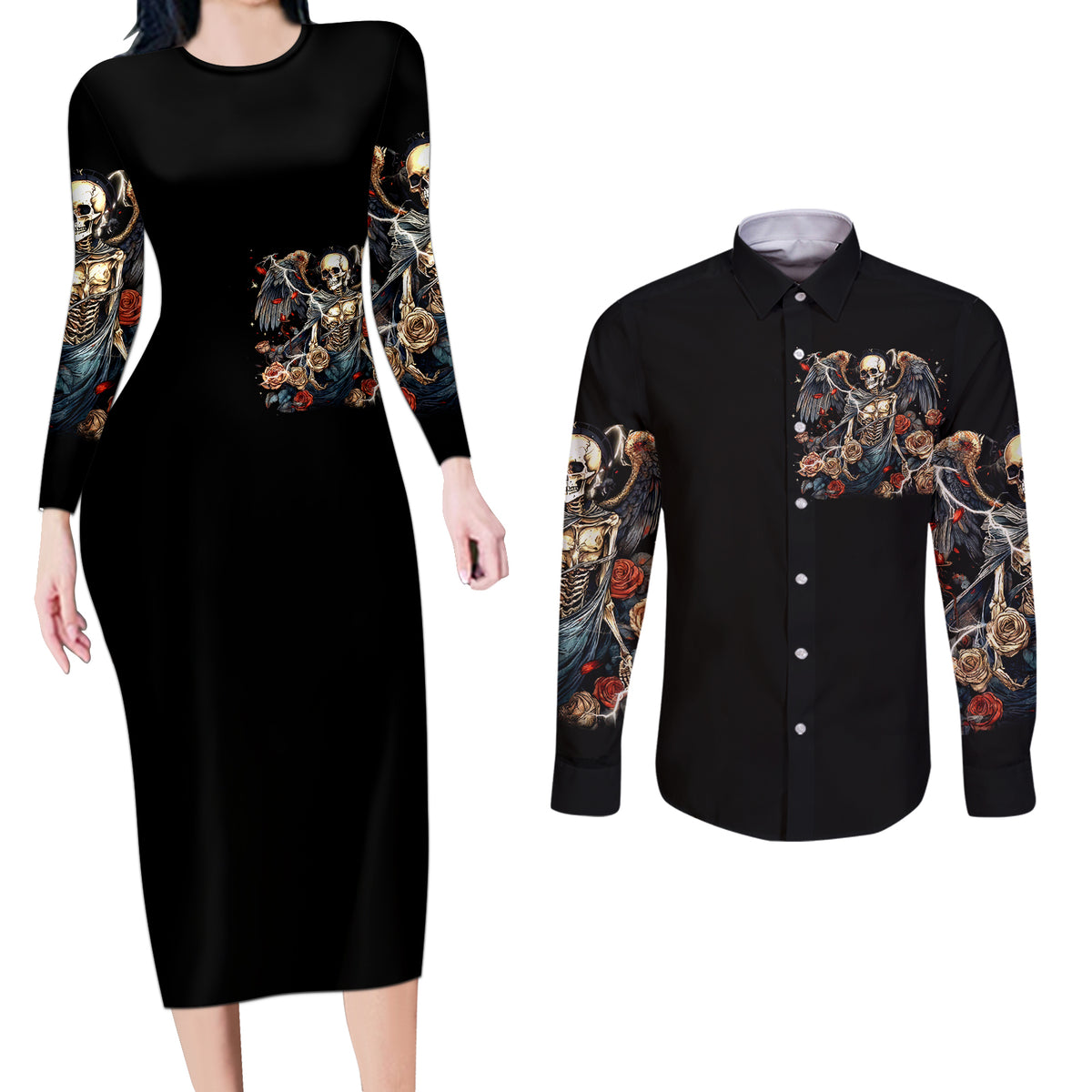 Angel Skull Couples Matching Long Sleeve Bodycon Dress and Long Sleeve Button Shirts Sometimes An Angel Sometimes A Hellraiser - Wonder Print Shop