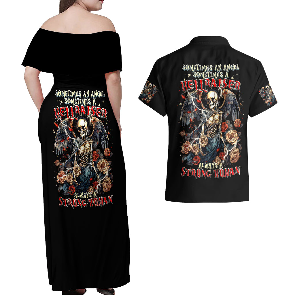 Angel Skull Couples Matching Off Shoulder Maxi Dress and Hawaiian Shirt Sometimes An Angel Sometimes A Hellraiser - Wonder Print Shop