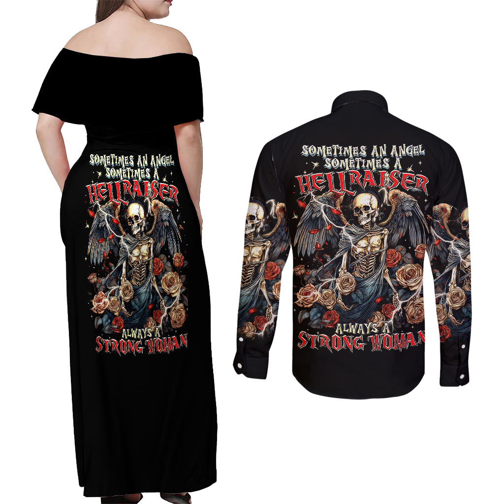 Angel Skull Couples Matching Off Shoulder Maxi Dress and Long Sleeve Button Shirts Sometimes An Angel Sometimes A Hellraiser - Wonder Print Shop