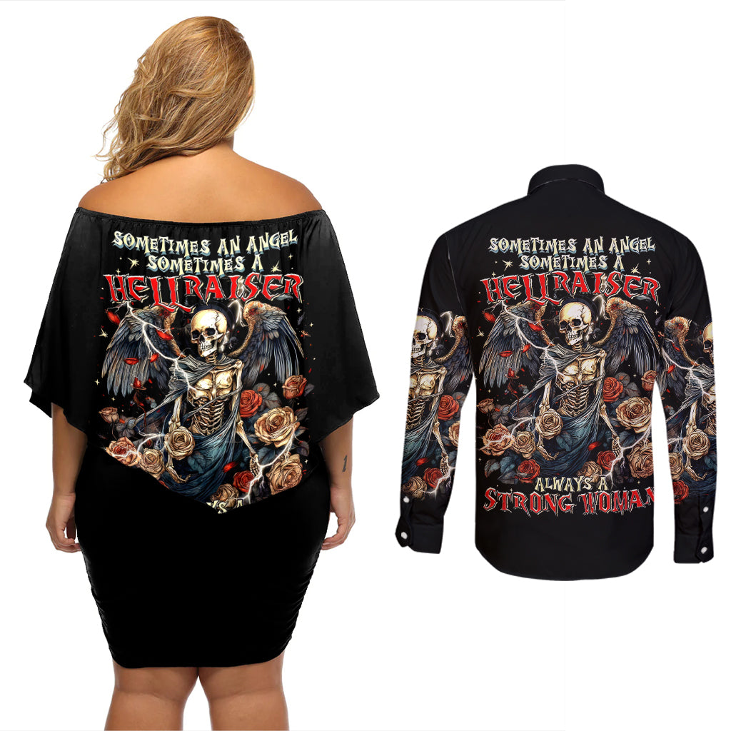 Angel Skull Couples Matching Off Shoulder Short Dress and Long Sleeve Button Shirts Sometimes An Angel Sometimes A Hellraiser - Wonder Print Shop
