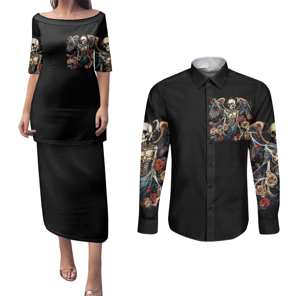 Angel Skull Couples Matching Puletasi Dress and Long Sleeve Button Shirts Sometimes An Angel Sometimes A Hellraiser - Wonder Print Shop