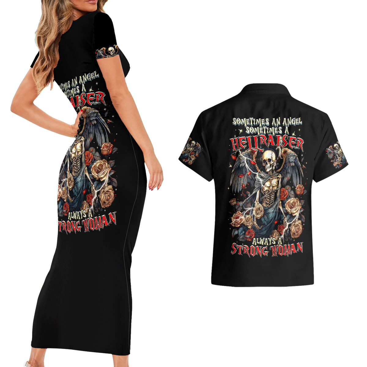 Angel Skull Couples Matching Short Sleeve Bodycon Dress and Hawaiian Shirt Sometimes An Angel Sometimes A Hellraiser - Wonder Print Shop