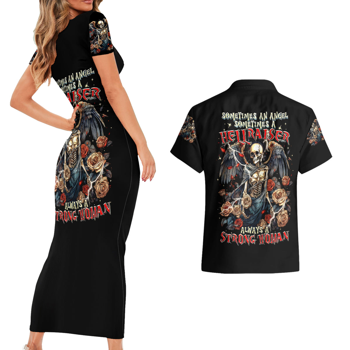 Angel Skull Couples Matching Short Sleeve Bodycon Dress and Hawaiian Shirt Sometimes An Angel Sometimes A Hellraiser - Wonder Print Shop