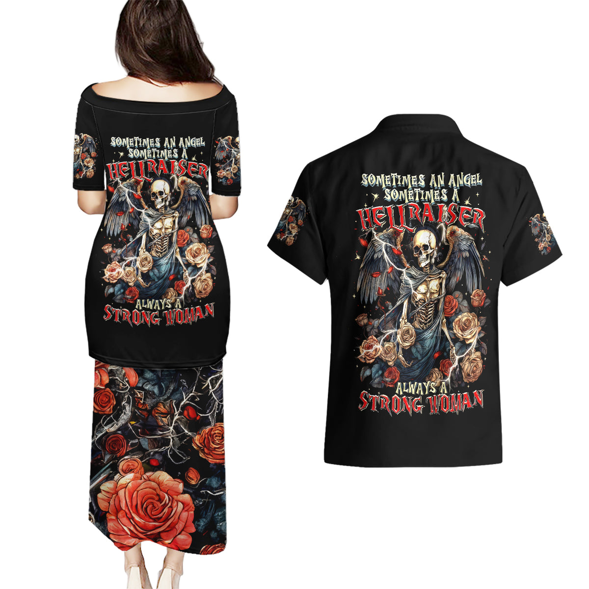 Angel Skull Couples Matching Puletasi and Hawaiian Shirt Sometimes An Angel Sometimes A Hellraiser - Wonder Print Shop