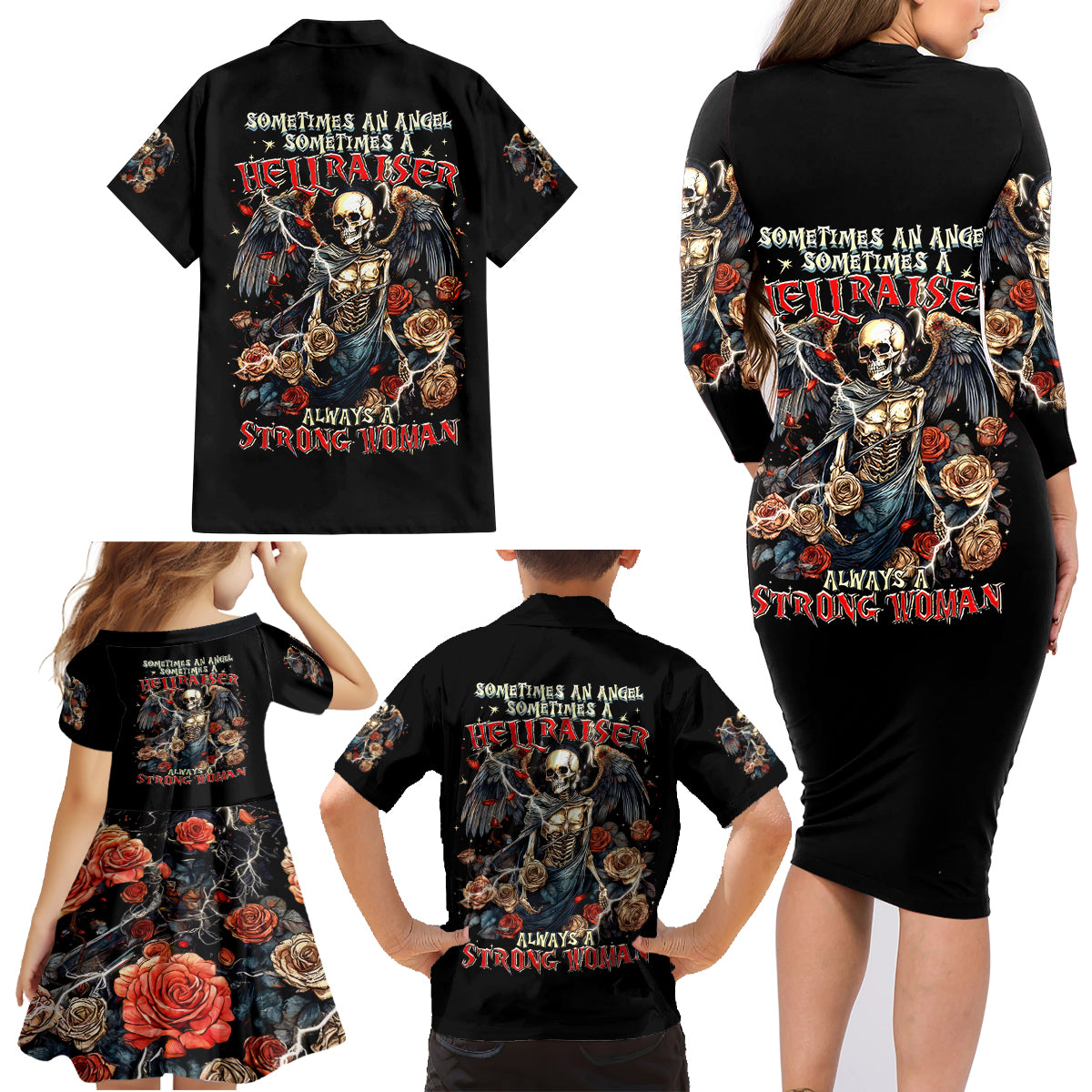 Angel Skull Family Matching Long Sleeve Bodycon Dress and Hawaiian Shirt Sometimes An Angel Sometimes A Hellraiser - Wonder Print Shop