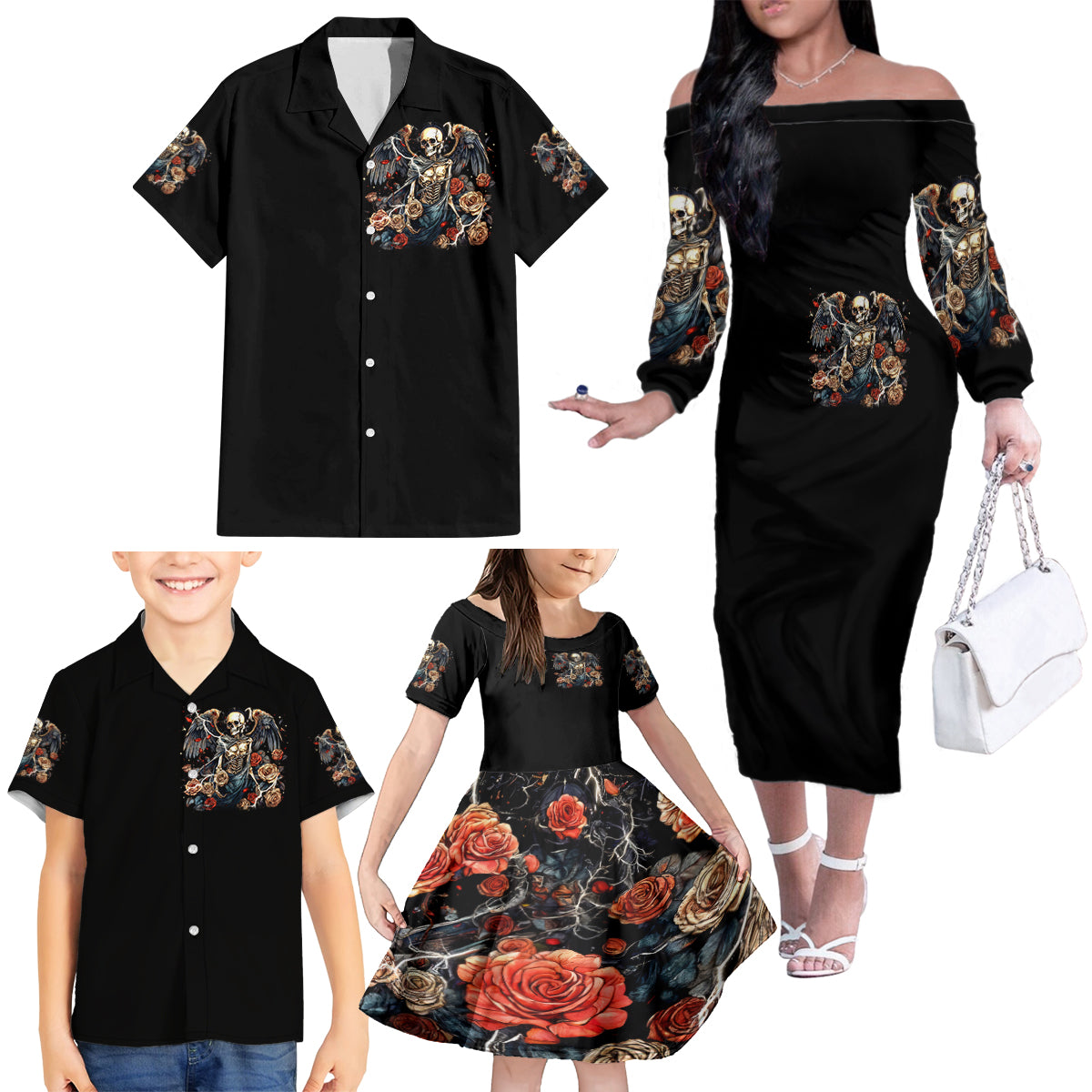 Angel Skull Family Matching Off Shoulder Long Sleeve Dress and Hawaiian Shirt Sometimes An Angel Sometimes A Hellraiser - Wonder Print Shop
