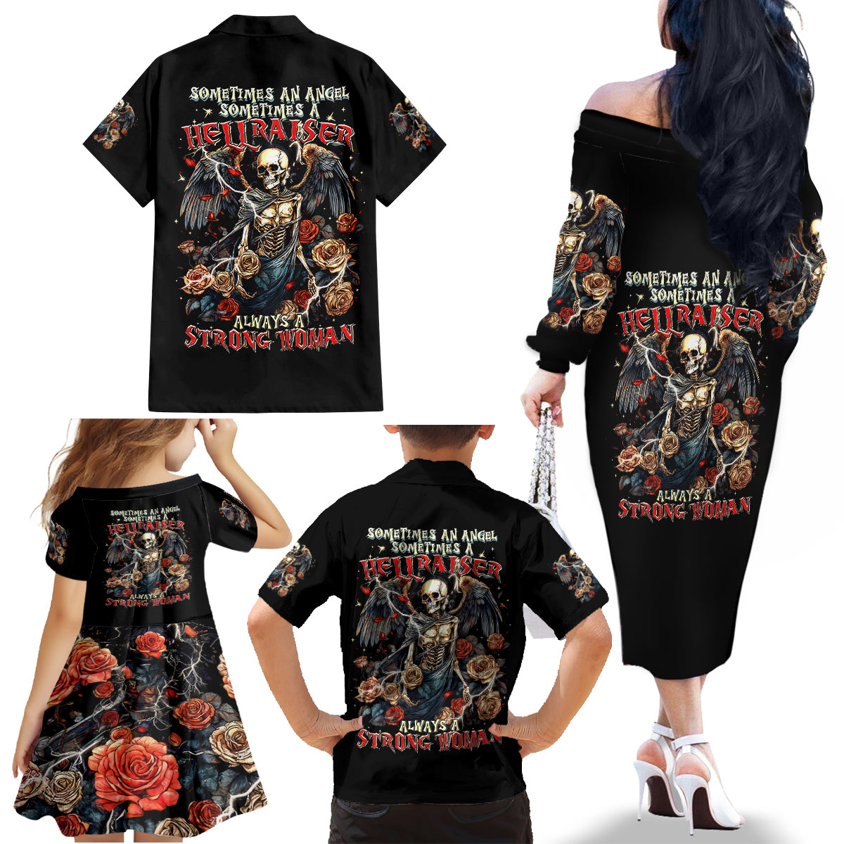 Angel Skull Family Matching Off Shoulder Long Sleeve Dress and Hawaiian Shirt Sometimes An Angel Sometimes A Hellraiser - Wonder Print Shop