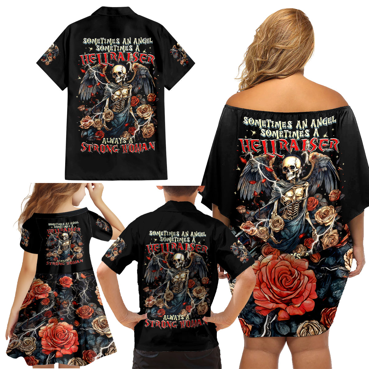 Angel Skull Family Matching Off Shoulder Short Dress and Hawaiian Shirt Sometimes An Angel Sometimes A Hellraiser - Wonder Print Shop