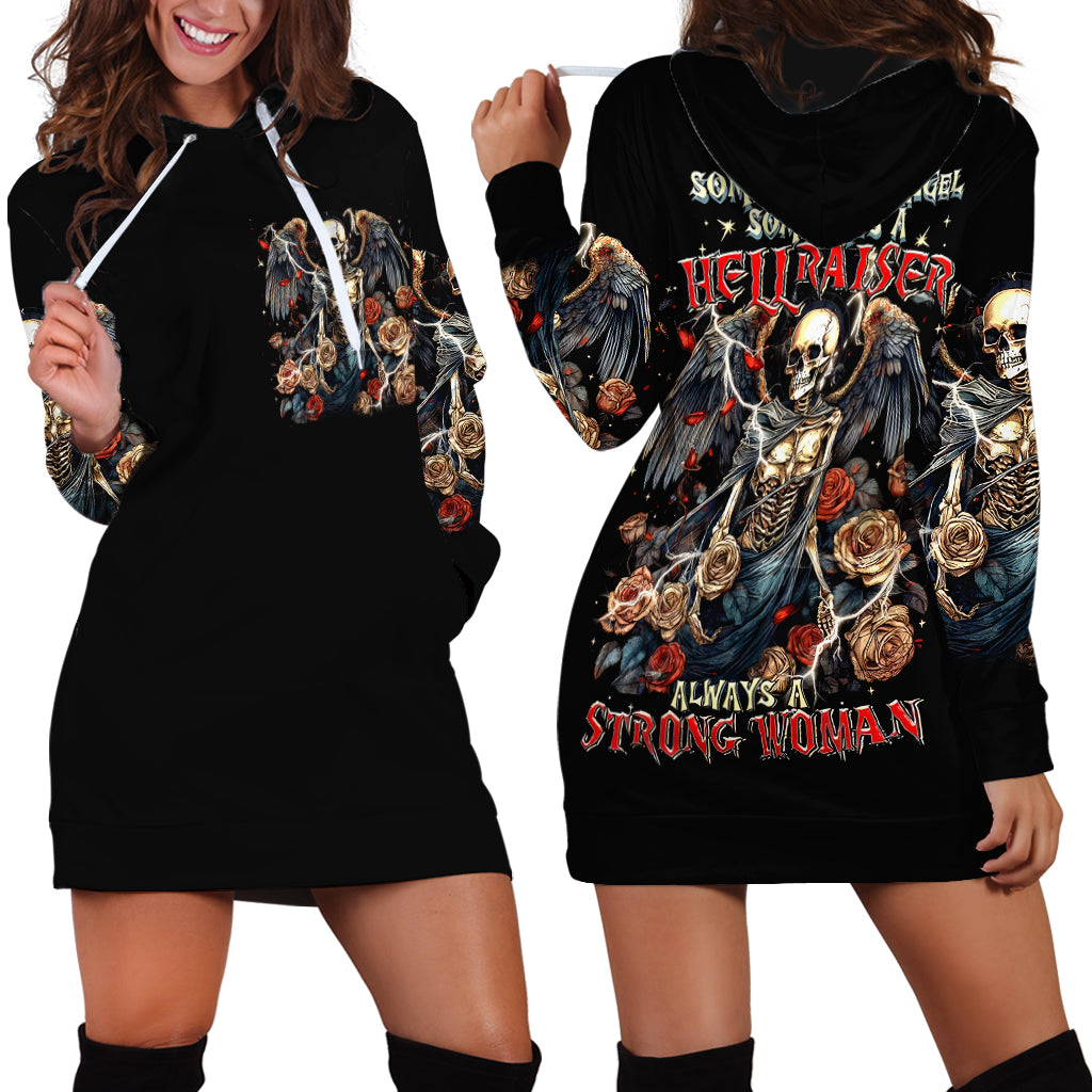 Black hoodie dress shown front and back, with skull-angel and rose artwork