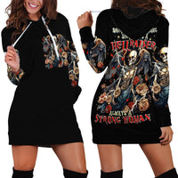 Black hoodie dress shown front and back, with skull-angel and rose artwork