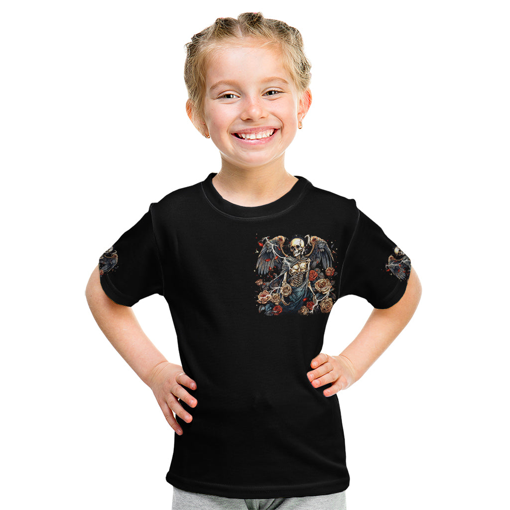 Black kids T-shirt with angel skull graphic on chest, short sleeves, crew neck.