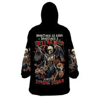 Black wearable blanket hoodie with skull angel graphic on back and long printed sleeves