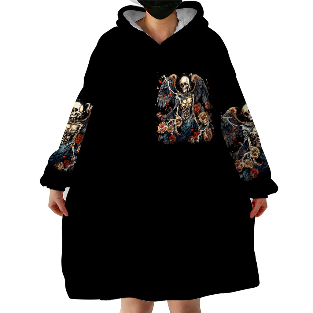Black wearable blanket hoodie dress with hood, front angel skull graphic, long sleeves