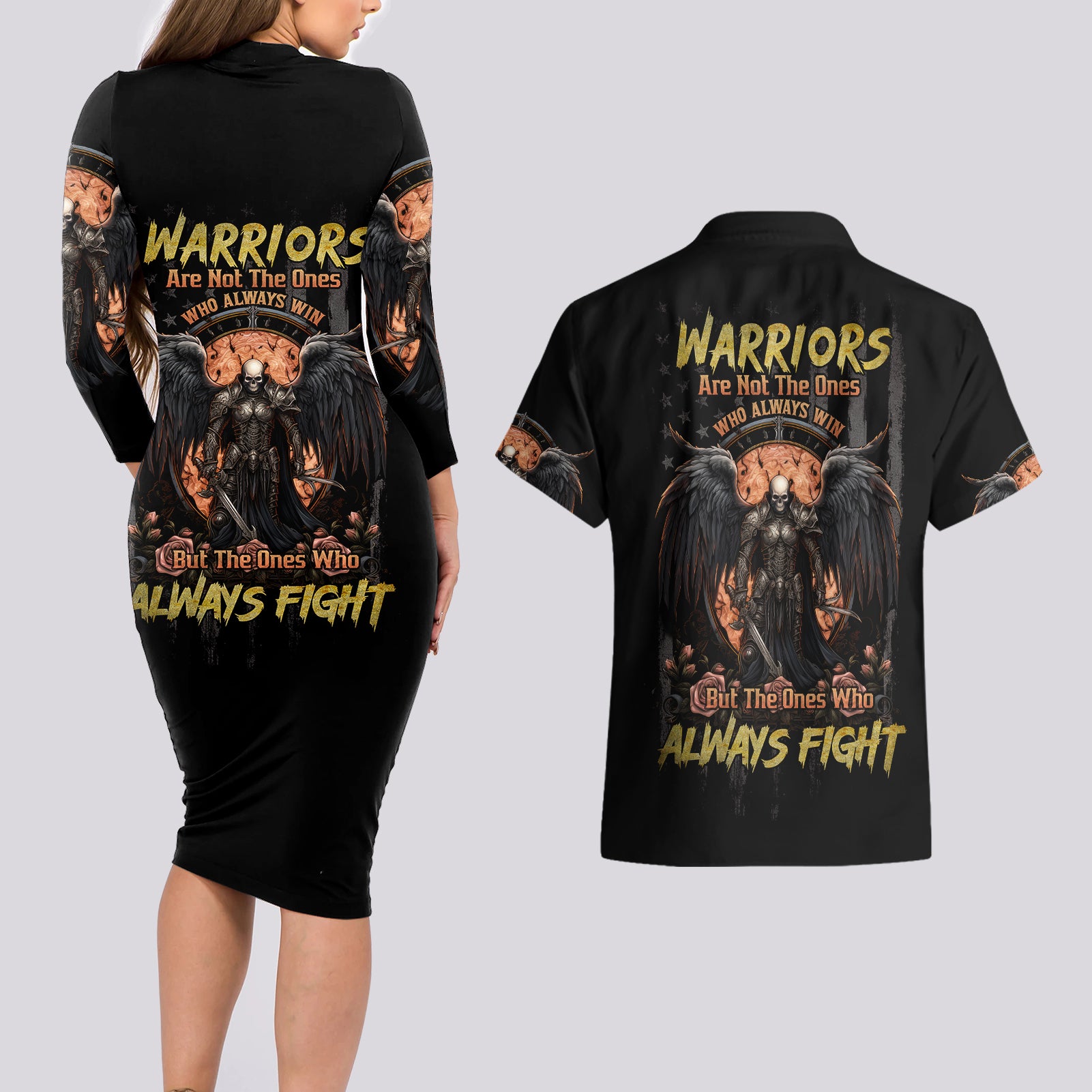 Warrior Skull Couples Matching Long Sleeve Bodycon Dress and Hawaiian Shirt Warriors Are The One Who Always Fight - Wonder Print Shop