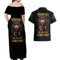 Warrior Skull Couples Matching Off Shoulder Maxi Dress and Hawaiian Shirt Warriors Are The One Who Always Fight - Wonder Print Shop