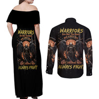 Warrior Skull Couples Matching Off Shoulder Maxi Dress and Long Sleeve Button Shirts Warriors Are The One Who Always Fight - Wonder Print Shop