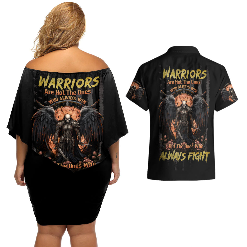 Warrior Skull Couples Matching Off Shoulder Short Dress and Hawaiian Shirt Warriors Are The One Who Always Fight - Wonder Print Shop