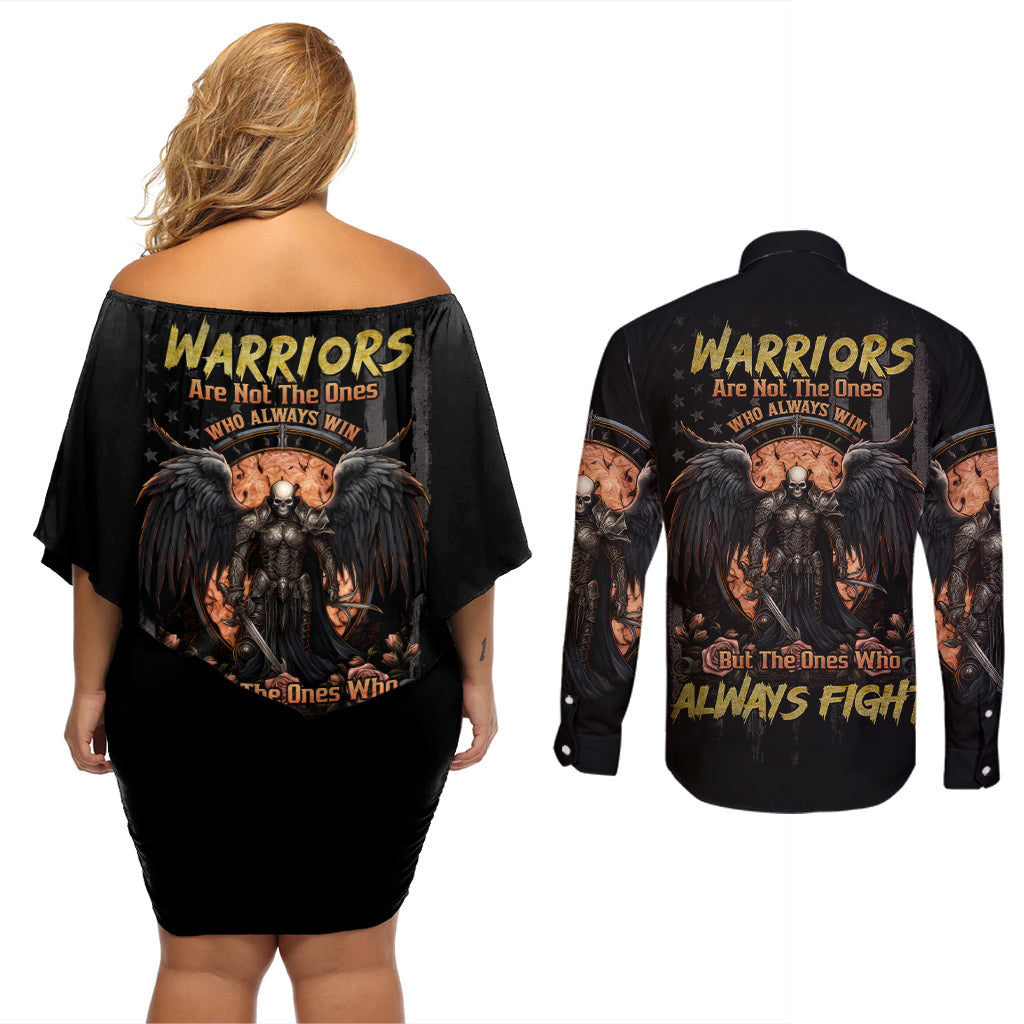 Warrior Skull Couples Matching Off Shoulder Short Dress and Long Sleeve Button Shirts Warriors Are The One Who Always Fight - Wonder Print Shop