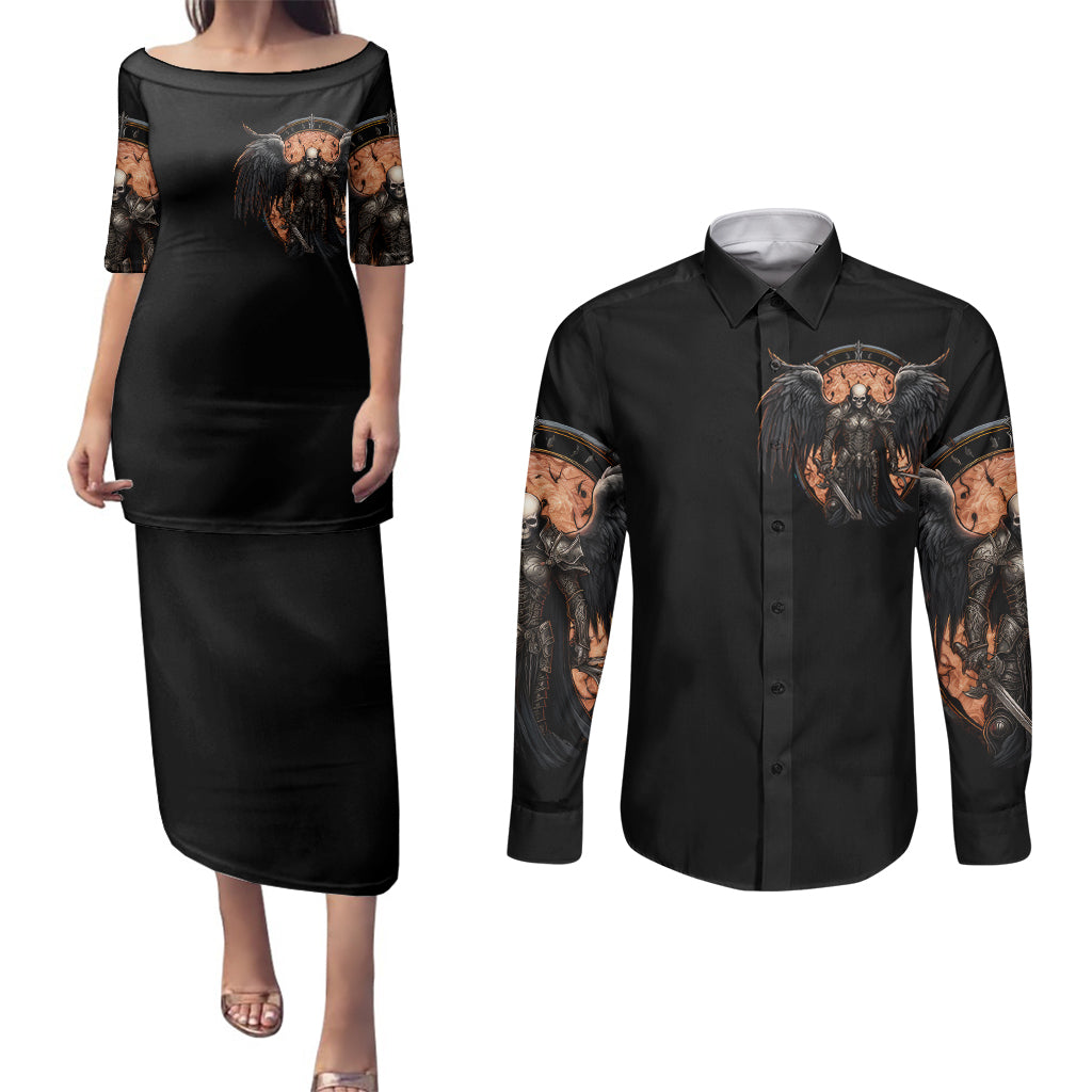 Warrior Skull Couples Matching Puletasi Dress and Long Sleeve Button Shirts Warriors Are The One Who Always Fight - Wonder Print Shop
