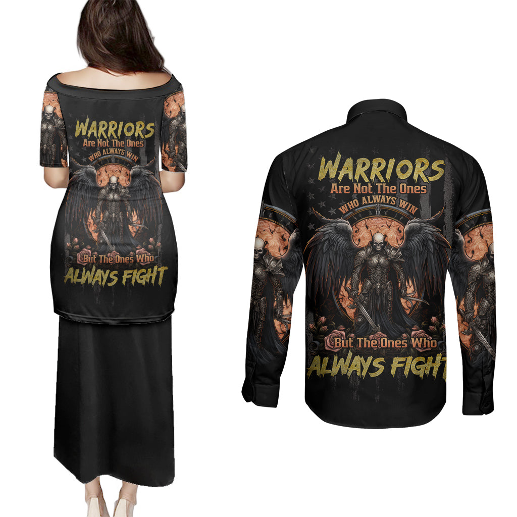 Warrior Skull Couples Matching Puletasi Dress and Long Sleeve Button Shirts Warriors Are The One Who Always Fight - Wonder Print Shop
