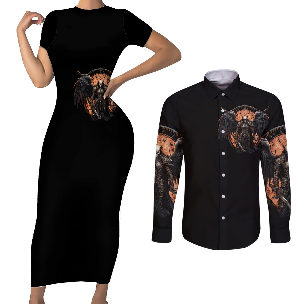 Warrior Skull Couples Matching Short Sleeve Bodycon Dress and Long Sleeve Button Shirts Warriors Are The One Who Always Fight - Wonder Print Shop