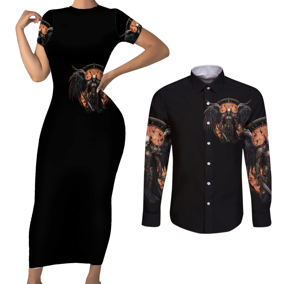 Warrior Skull Couples Matching Short Sleeve Bodycon Dress and Long Sleeve Button Shirts Warriors Are The One Who Always Fight - Wonder Print Shop