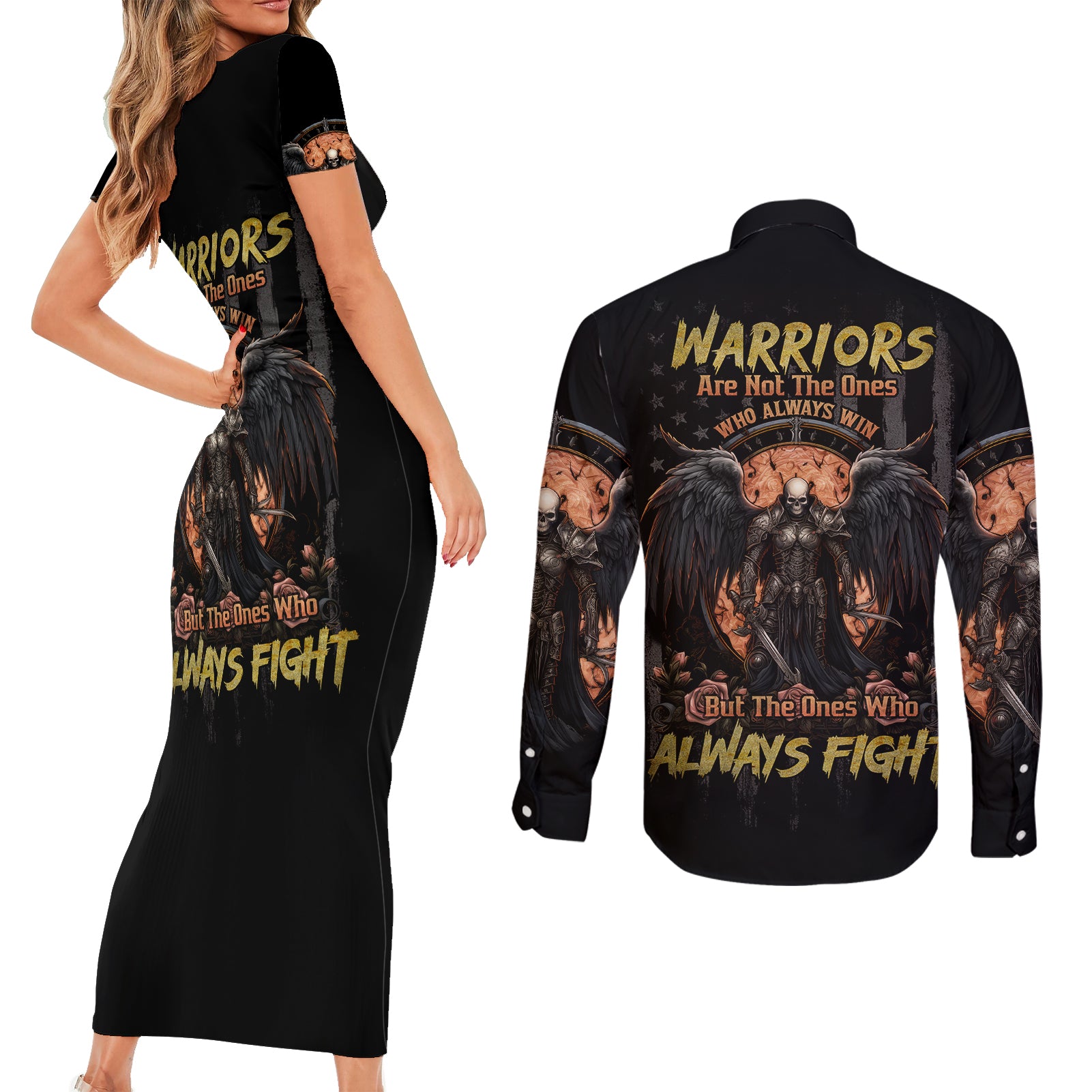 Warrior Skull Couples Matching Short Sleeve Bodycon Dress and Long Sleeve Button Shirts Warriors Are The One Who Always Fight - Wonder Print Shop