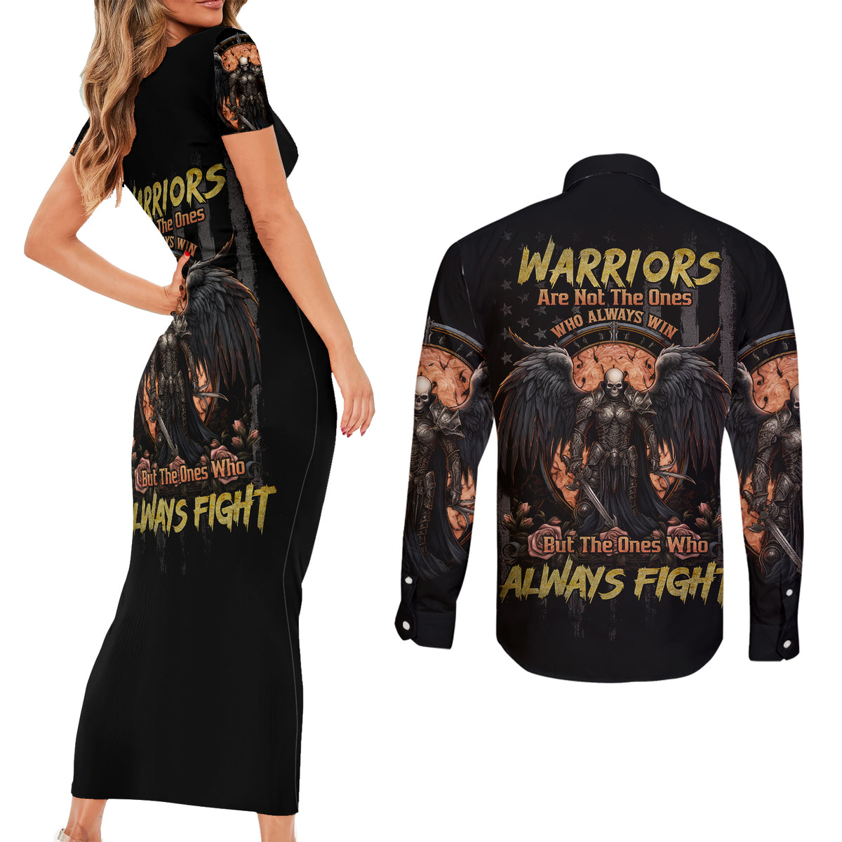 Warrior Skull Couples Matching Short Sleeve Bodycon Dress and Long Sleeve Button Shirts Warriors Are The One Who Always Fight - Wonder Print Shop