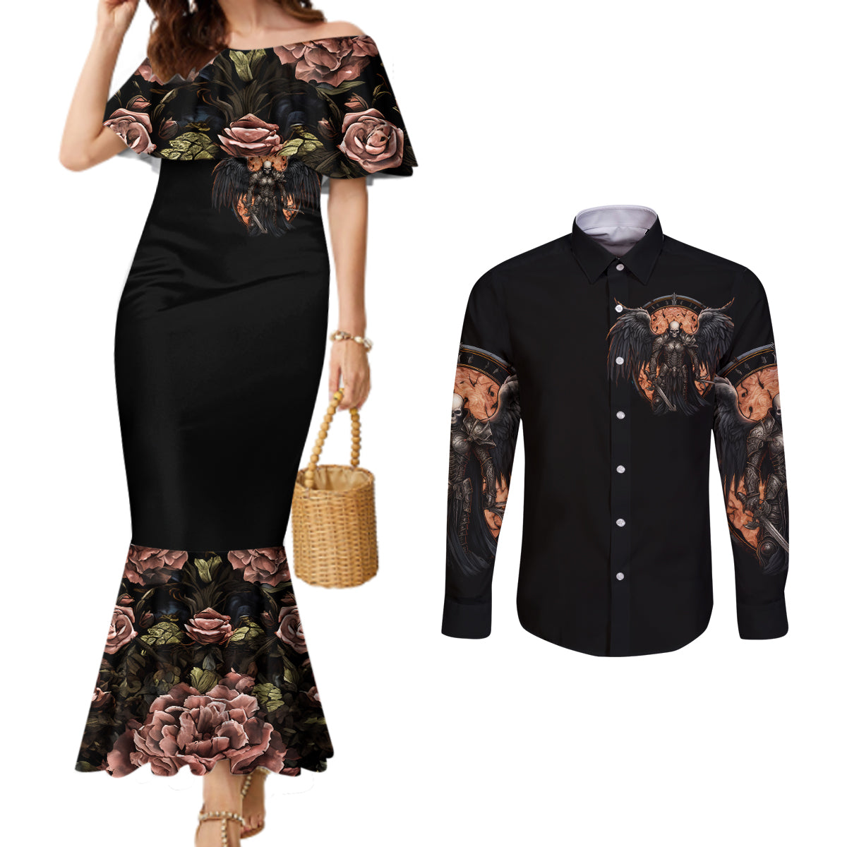 Warrior Skull Couples Matching Mermaid Dress and Long Sleeve Button Shirt Warriors Are The One Who Always Fight