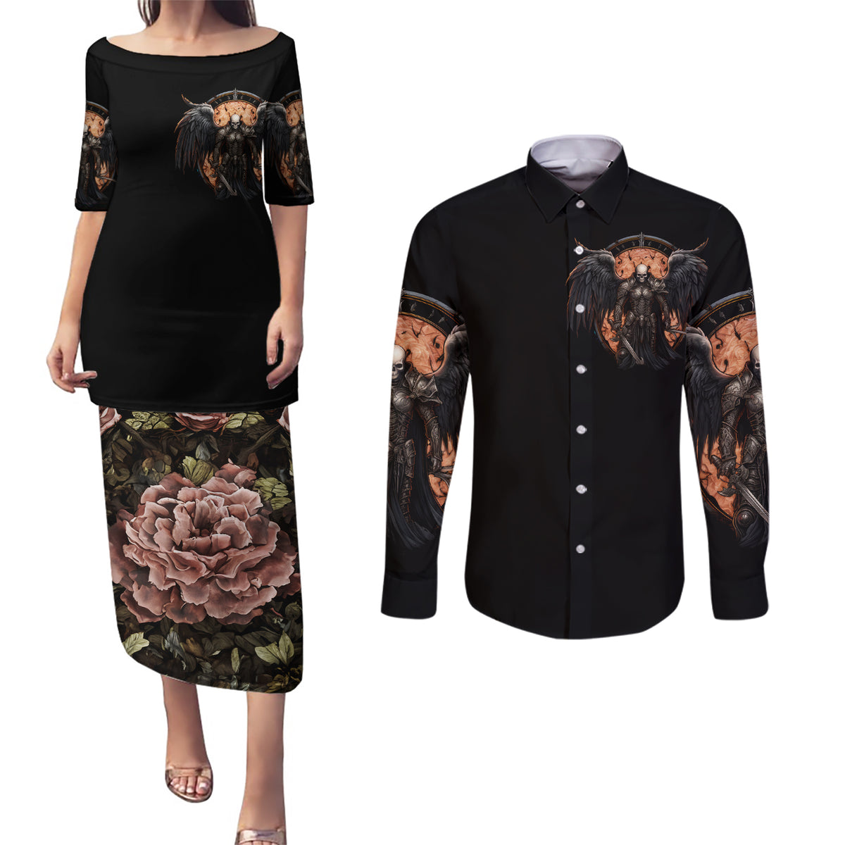 Warrior Skull Couples Matching Puletasi and Long Sleeve Button Shirt Warriors Are The One Who Always Fight - Wonder Print Shop