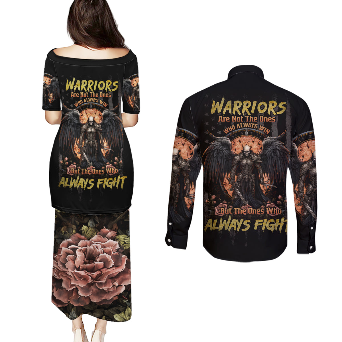 Warrior Skull Couples Matching Puletasi and Long Sleeve Button Shirt Warriors Are The One Who Always Fight - Wonder Print Shop