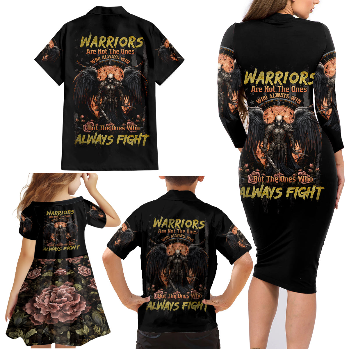 Warrior Skull Family Matching Long Sleeve Bodycon Dress and Hawaiian Shirt Warriors Are The One Who Always Fight - Wonder Print Shop