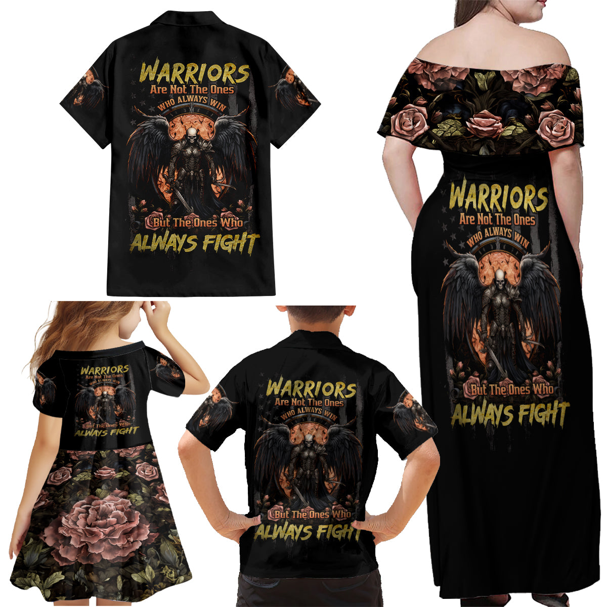 Warrior Skull Family Matching Off Shoulder Maxi Dress and Hawaiian Shirt Warriors Are The One Who Always Fight - Wonder Print Shop