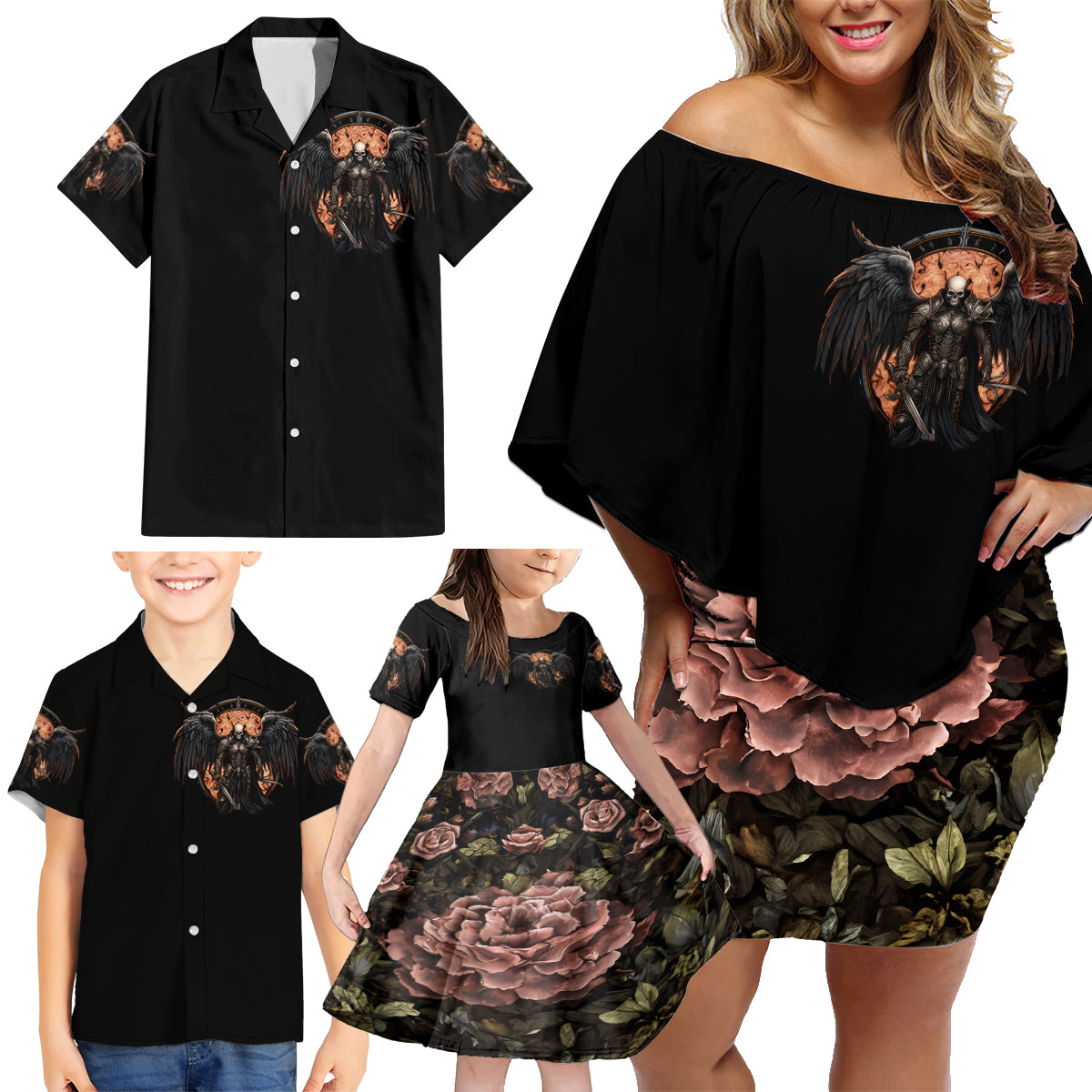 Warrior Skull Family Matching Off Shoulder Short Dress and Hawaiian Shirt Warriors Are The One Who Always Fight - Wonder Print Shop