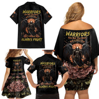 Warrior Skull Family Matching Off Shoulder Short Dress and Hawaiian Shirt Warriors Are The One Who Always Fight - Wonder Print Shop