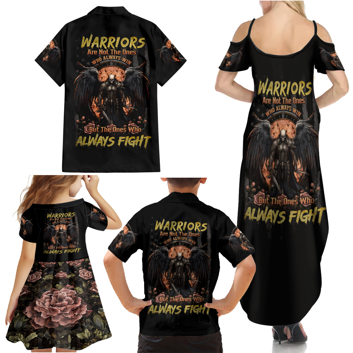 Warrior Skull Family Matching Summer Maxi Dress and Hawaiian Shirt Warriors Are The One Who Always Fight - Wonder Print Shop