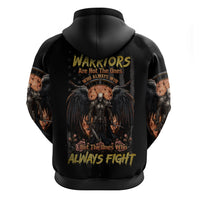 Black pullover hoodie with large back warrior skull graphic and winged text print