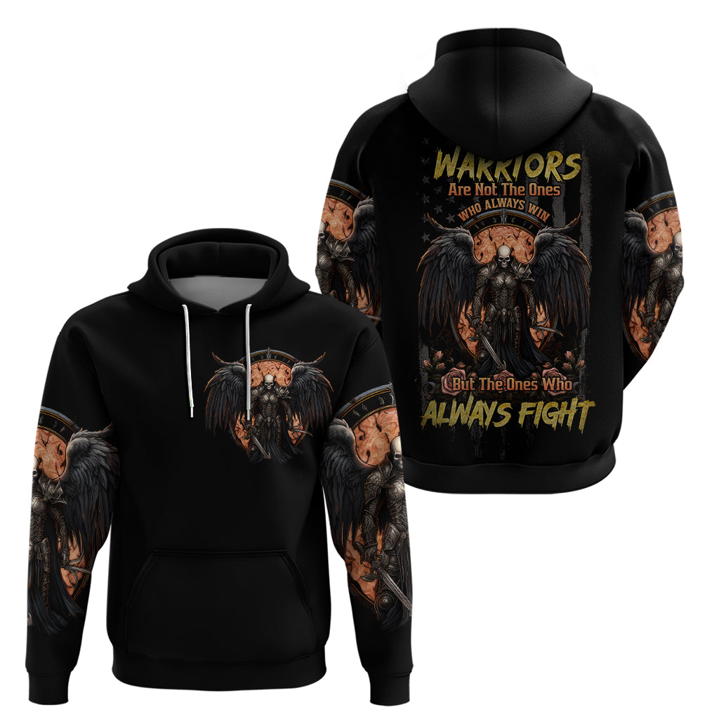 Black pullover hoodie pair view: front with skull graphic and back with winged text