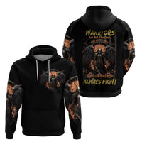 Black pullover hoodie pair view: front with skull graphic and back with winged text