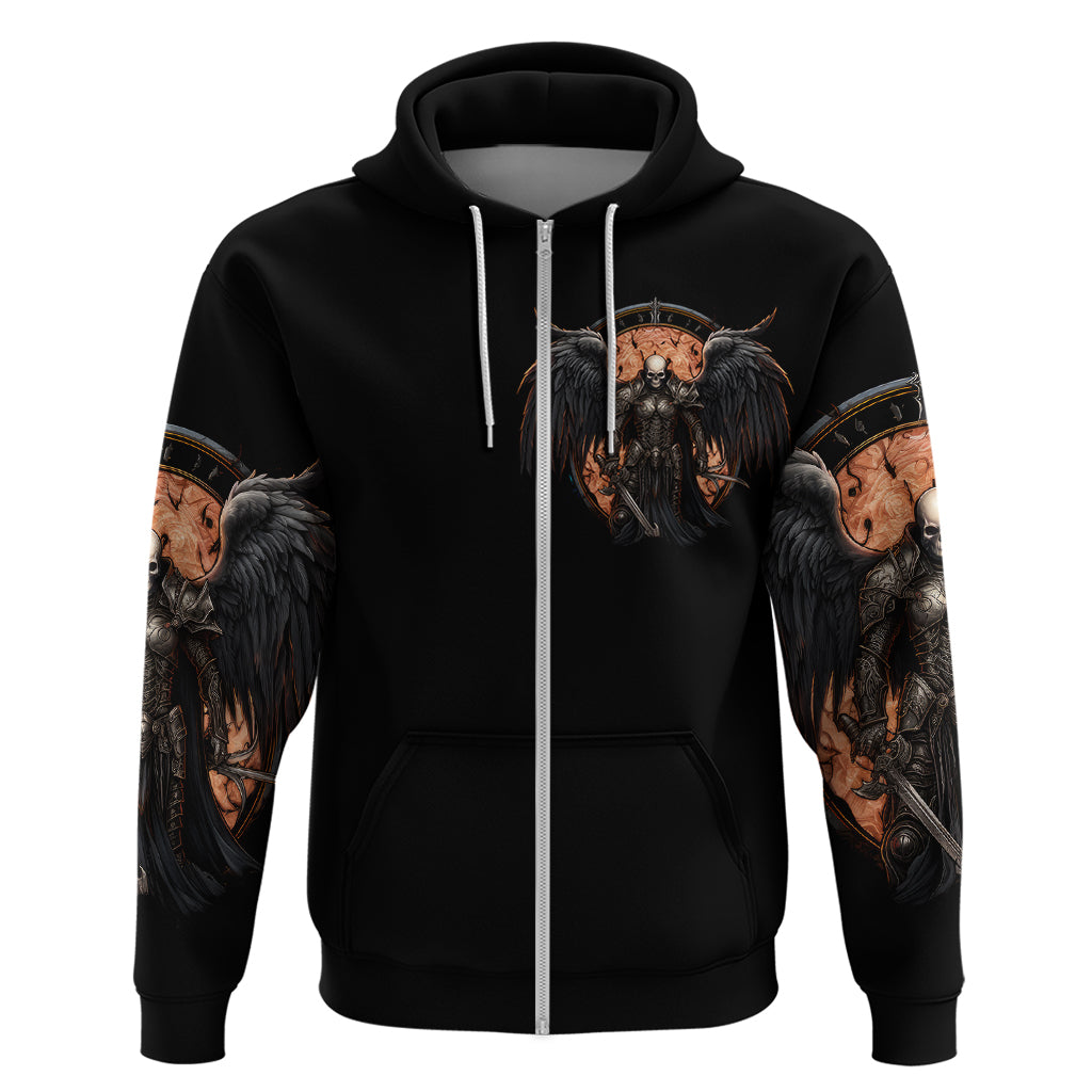 Black zip-front hoodie with skull warrior chest art and wing sleeve prints