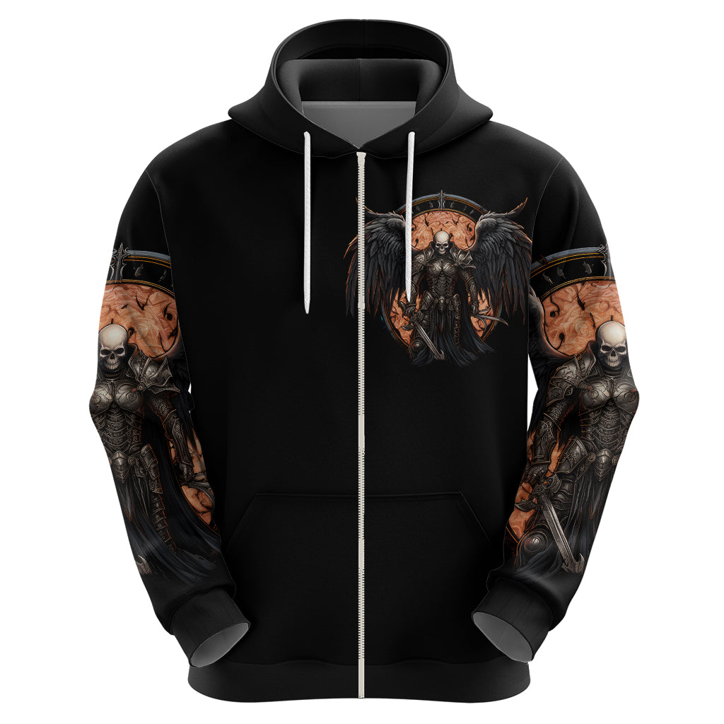 Black zip-front hoodie front view with skull warrior graphic and white-lined zipper