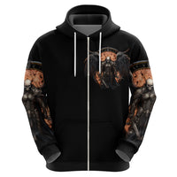 Black zip-front hoodie front view with skull warrior graphic and white-lined zipper