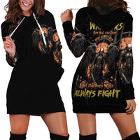 Black hoodie dress shown front and back, with warrior skull and winged bird print