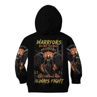 Black pullover hoodie with large back warrior graphic and text print