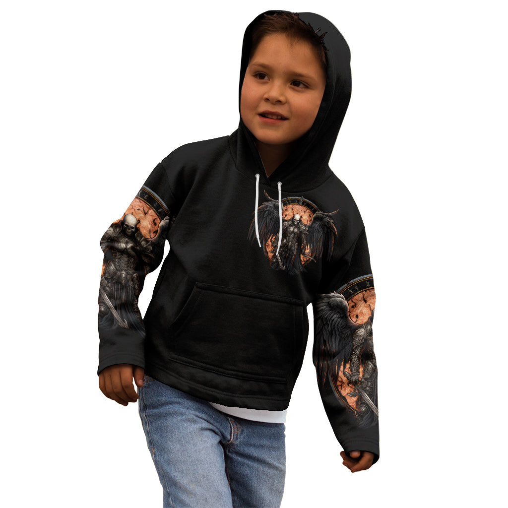Black pullover hoodie on child with front warrior skull graphic and drawstrings