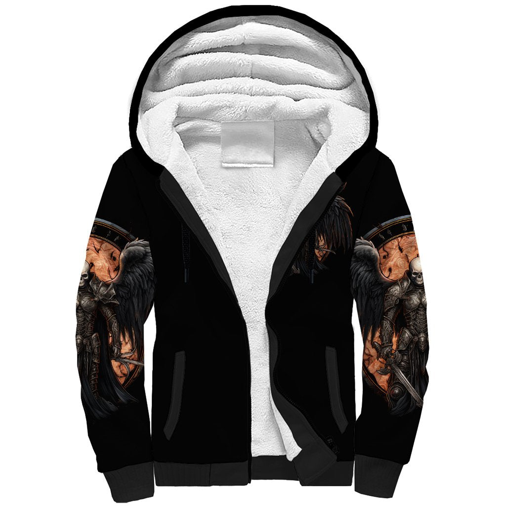 Black sherpa-lined hoodie with skull wings print on sleeves and open hood