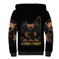 Black sherpa hoodie with warrior skull wings graphic and Always Fight text