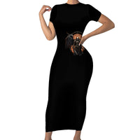 Black bodycon maxi dress with short sleeves and skull warrior print at center