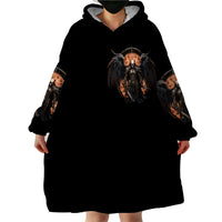 Black warrior skull wearable blanket hoodie, hood and long blanket hem, skull chest graphic